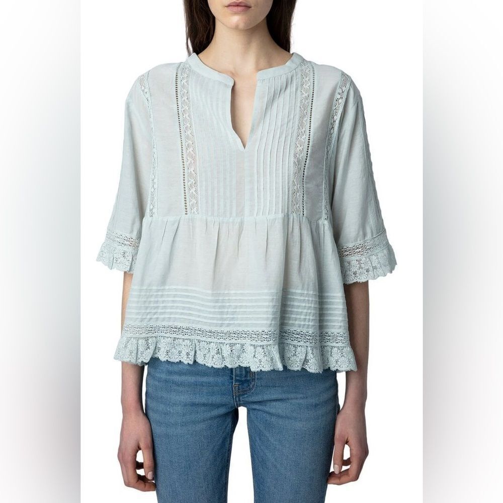ZADIG & VOLTAIRE tosea top in celadon cottage-core girly Large NWT - Picture 11 of 14